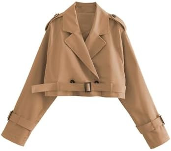 Amazon.com: Xiaoxuemeng Womens Cropped Bike Jacket Casual Double Breasted Trench Coat with Belt(C... | Amazon (US)