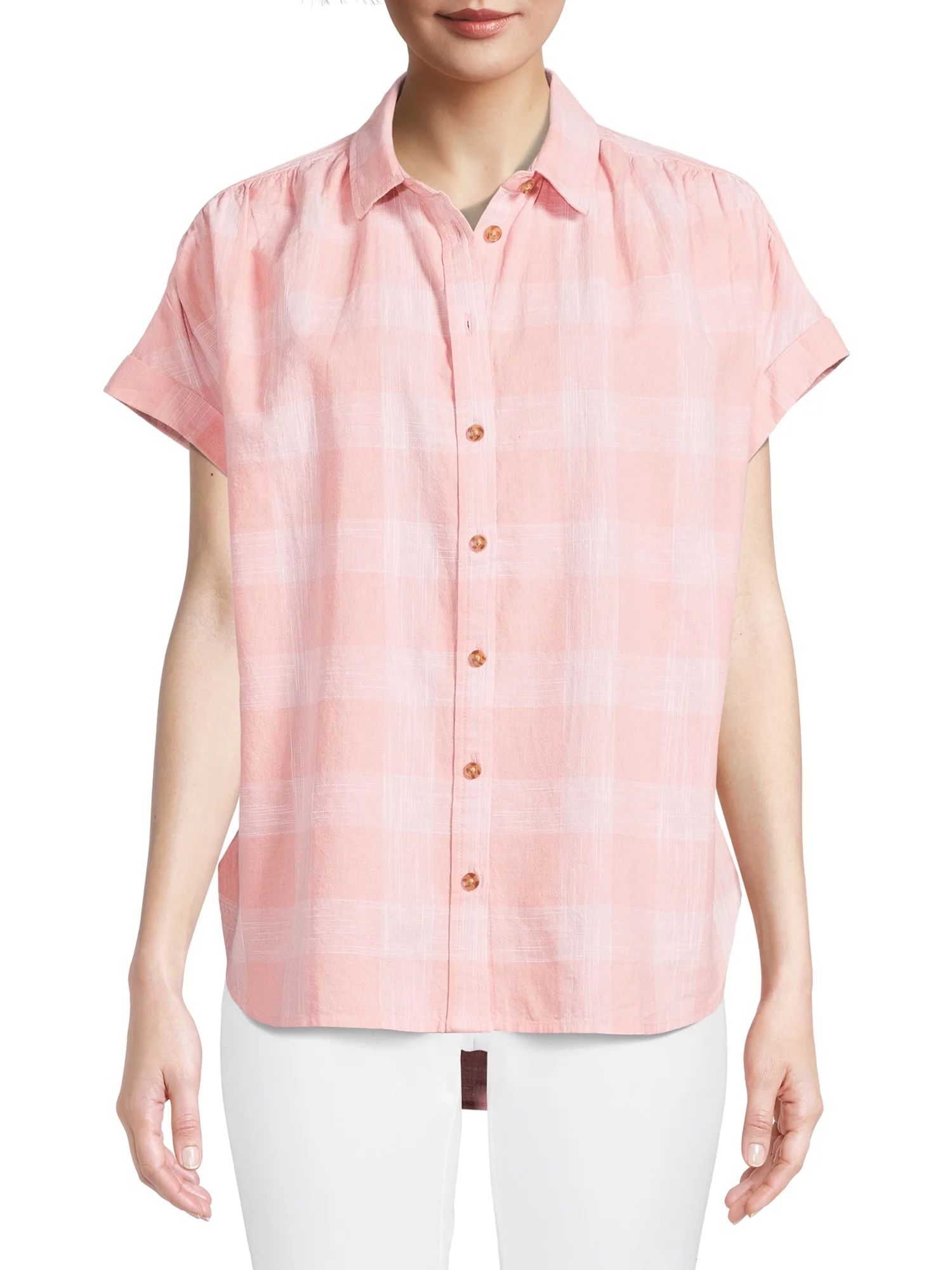 Time and Tru Women's Shirt with Roll Cuff Short Sleeves | Walmart (US)