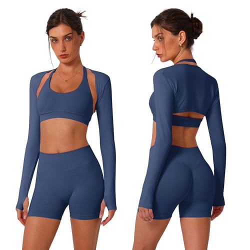 ABOCIW Workout Sets for Women 3 Piece Seamless Halter Sports Bra Scrunch Butt Lifting High Waist Biker Shorts Long Sleeve Bolero Shrug Gym Sets Yoga Pilates Outfits Dark Sapphire Blue Small | Amazon (US)
