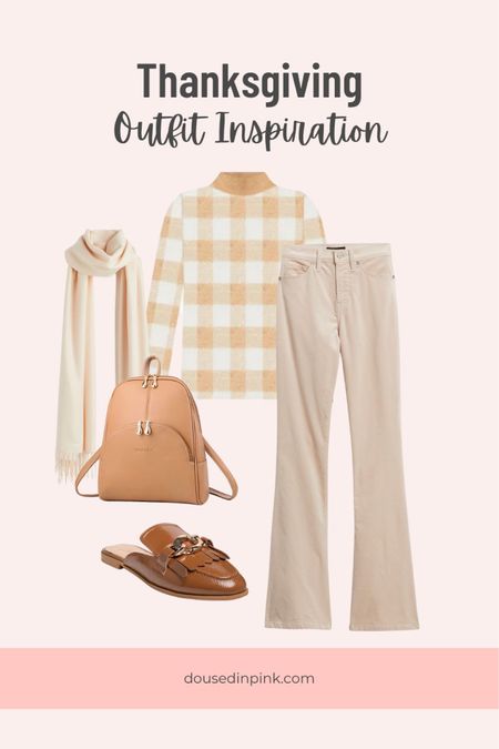 Casual Thanksgiving outfit. Fall outfit. Tan and white buffalo check sweater, tan velvet flare jeans; brown tassel mules.

#LTKunder100 #LTKstyletip #LTKHoliday