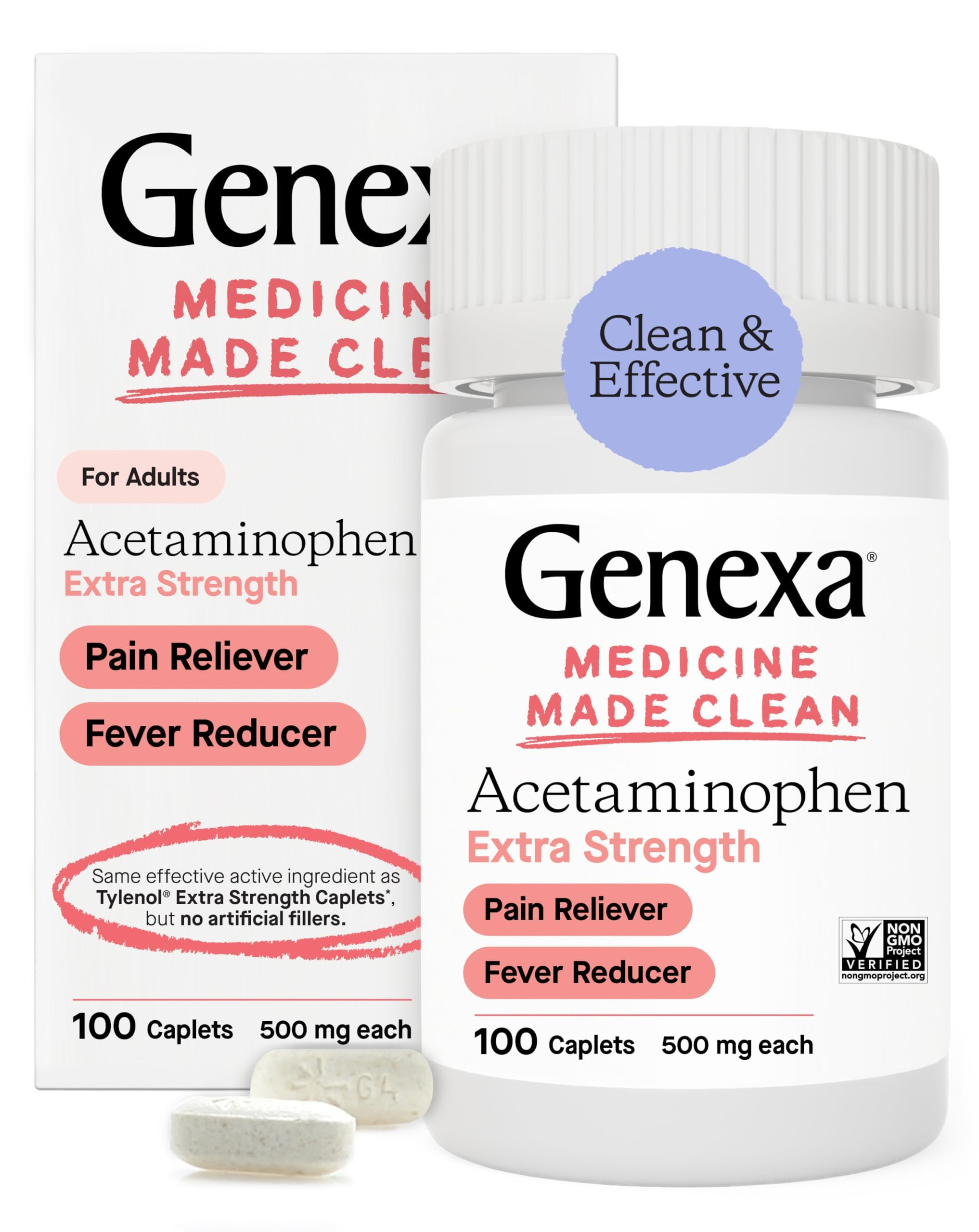 Genexa Acetaminophen 500mg Extra Strength Pain Reliever & Fever Reducer Caplets | Pain Relief Med... | Amazon (US)