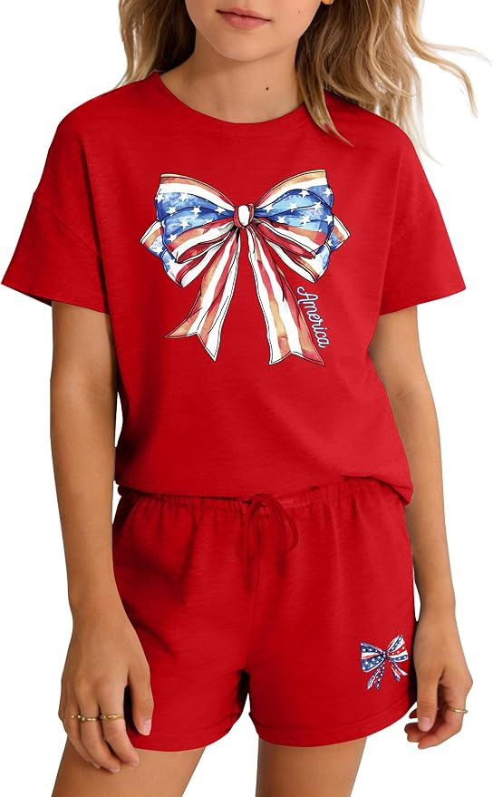 Kids 4th of July Outfit 2 Piece Set for Girls Boys American Flag Shirt and Shorts Patriotic USA 2... | Amazon (US)