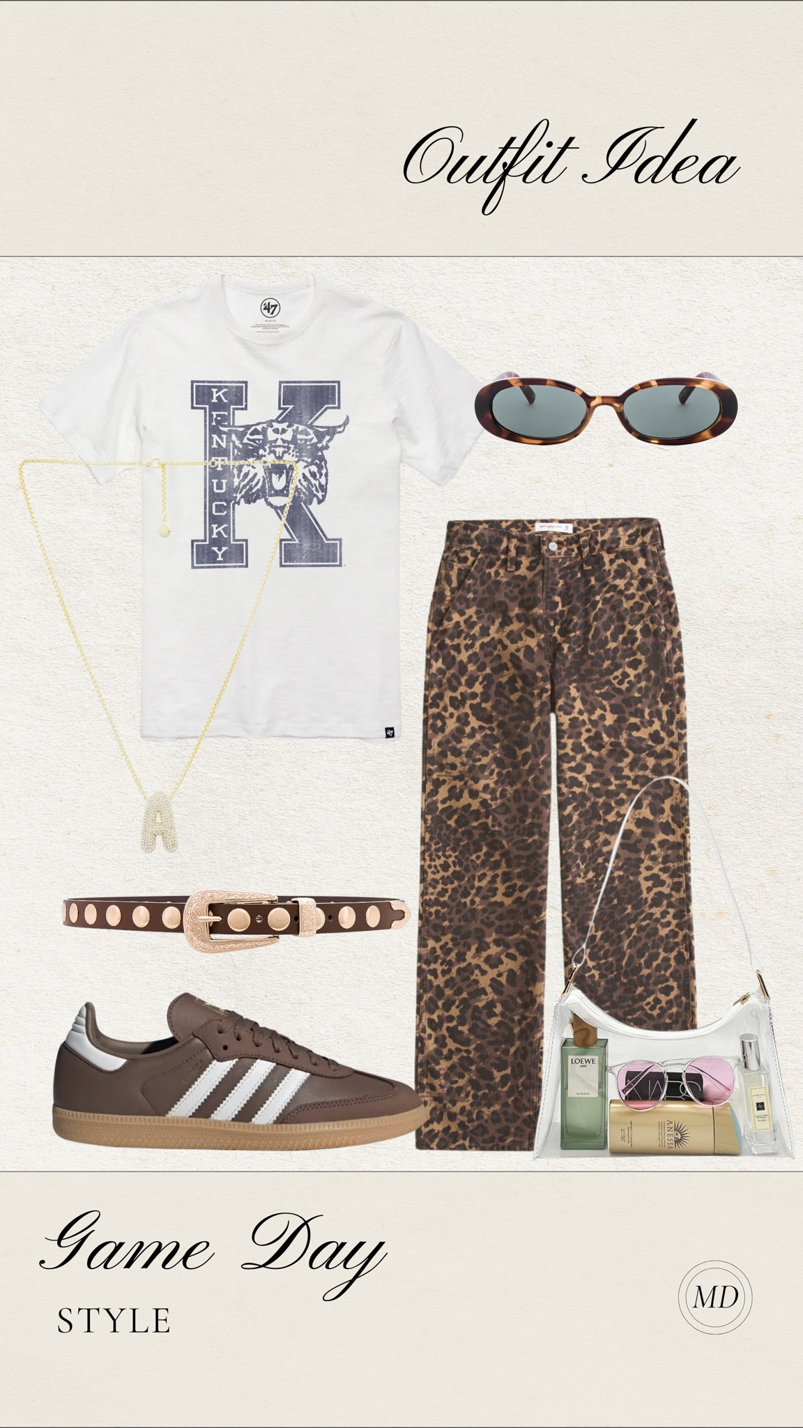 Game day outfit inspo!  The leopard print trend but make it game day style! Love the matching sneakers for the pops of brown!

Game day outfits, leopard print jeans, brown sambas, studded belt, fall style, fall trending 

#LTKFindsUnder100 #LTKSeasonal #LTKFindsUnder50