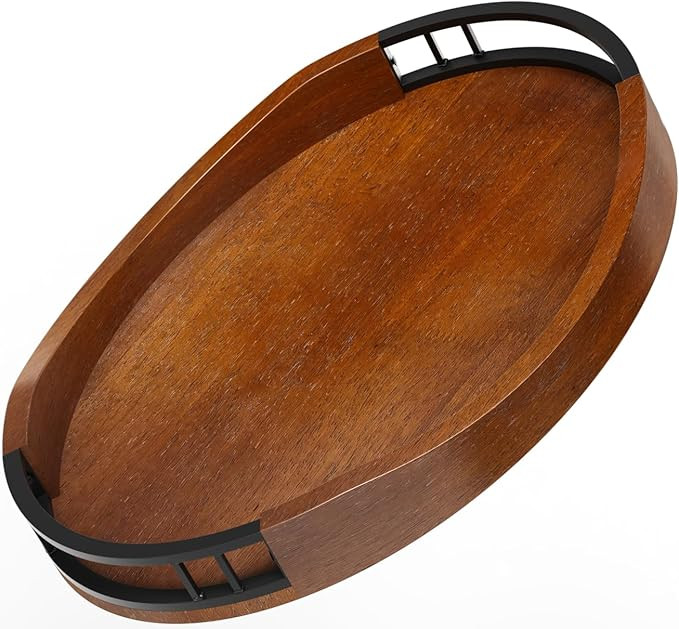 Oak Wood Serving Tray with Handles, 17"x13" Round Wooden Decorative Ottoman Tray for Living Room,... | Amazon (US)