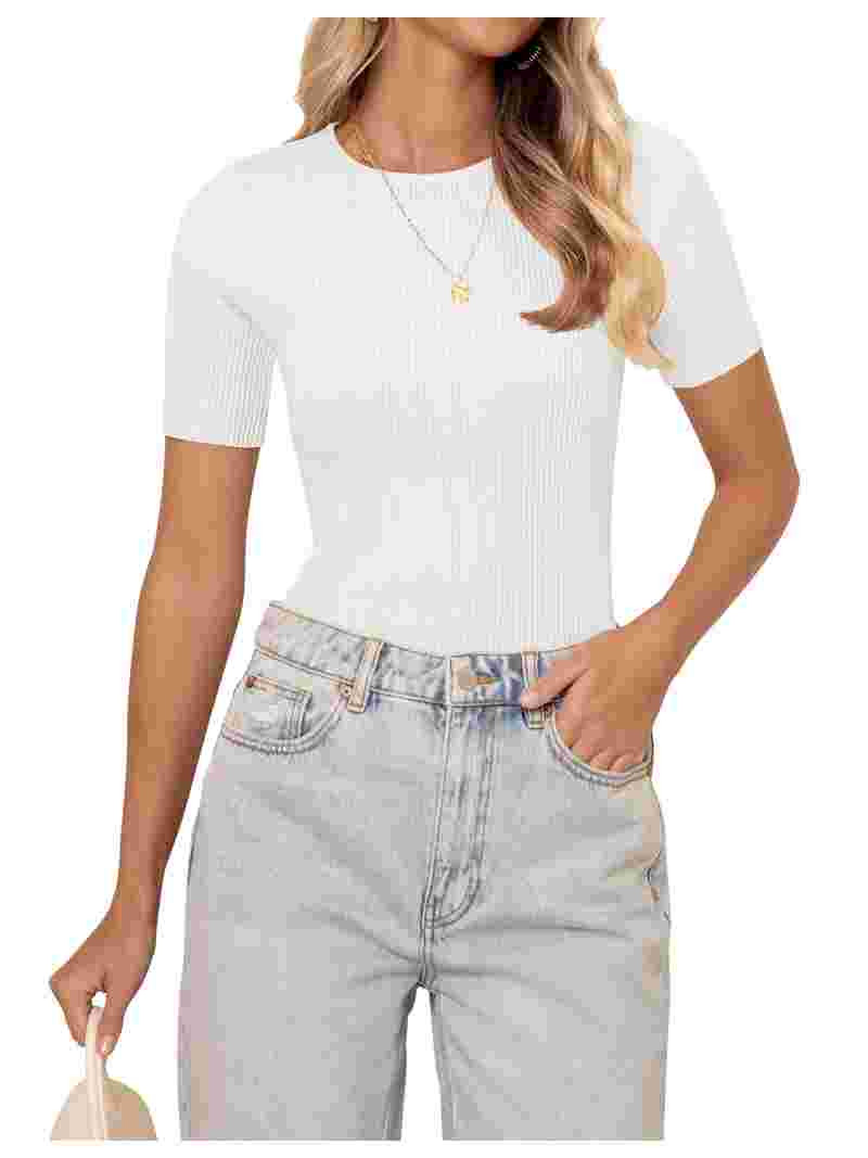 YOGAFOX Women's Short Sleeve Crewneck Summer Tee Shirt Ribbed Knit Slim Basic Solid Tops(White-S) | Walmart (US)
