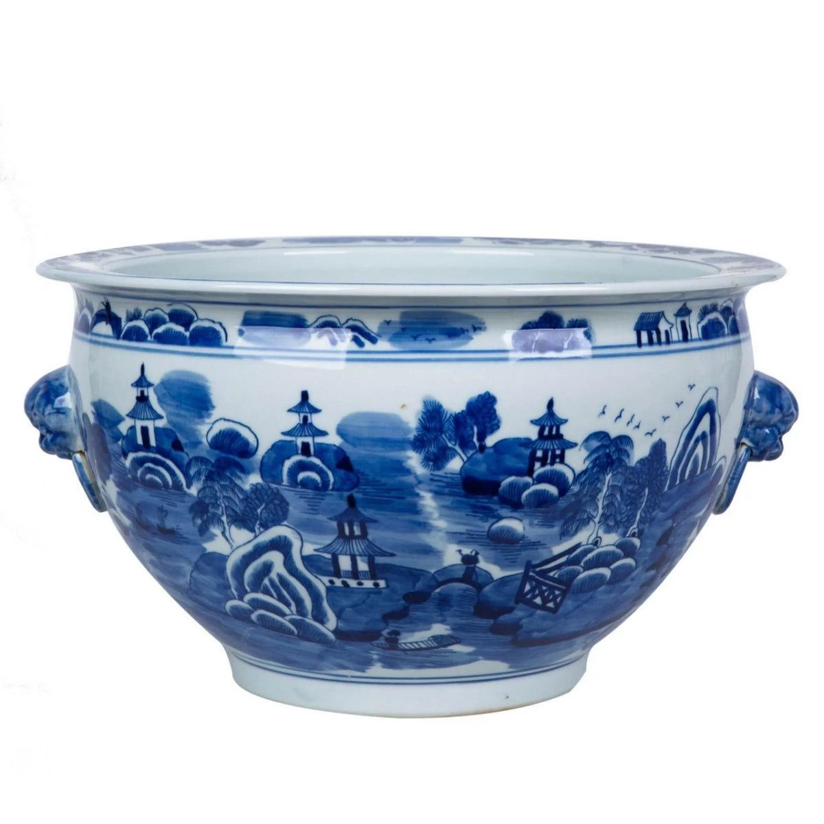 Blue and White Mountain Pagoda Porcelain Planter with Lion Head Handle | The Well Appointed House, LLC