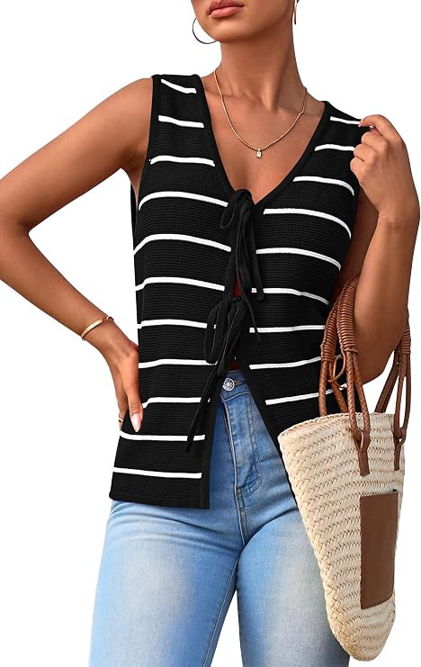 Women's Sweater Vest Summer Tie Front Striped Cute Tank Tops Trendy 2026 Crochet Knit Beach Vacat... | Amazon (US)