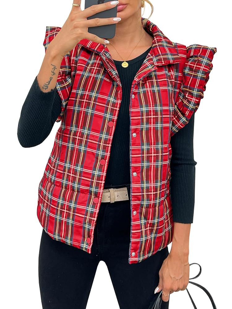 Tankaneo Womens Plaid Puffer Vests Ruffle Sleeveless Lightweight Quilted Vest Fall Winter Padded ... | Amazon (US)
