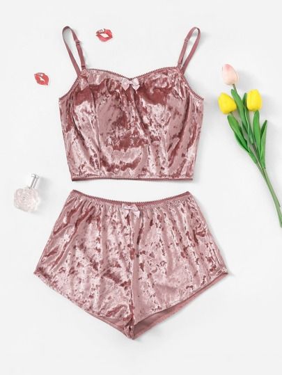 Bow Detail Velvet Cami Pajama Set | SHEIN