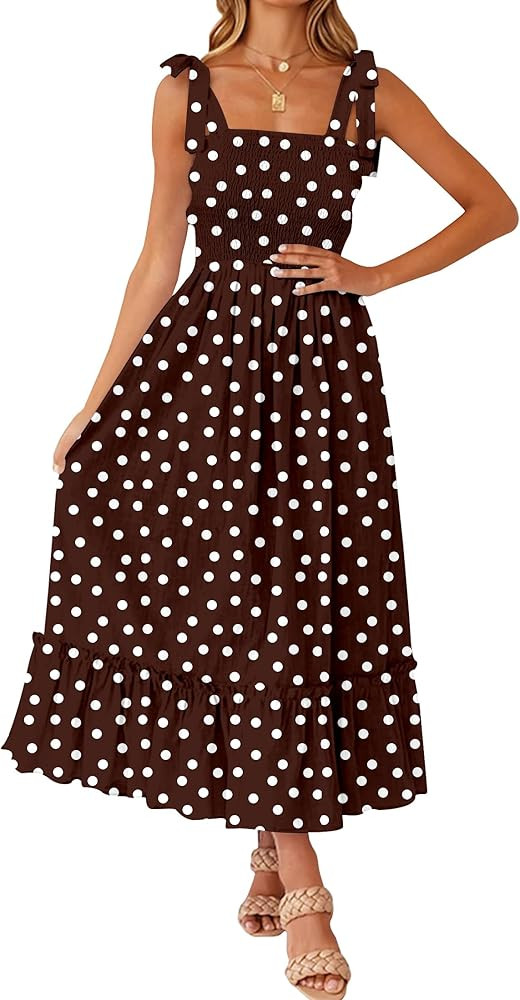 Tobrief Women's Boho Dress Summer Spaghetti Strap Square Neck Flowy Ruffle Beach Long Maxi Dress | Amazon (US)