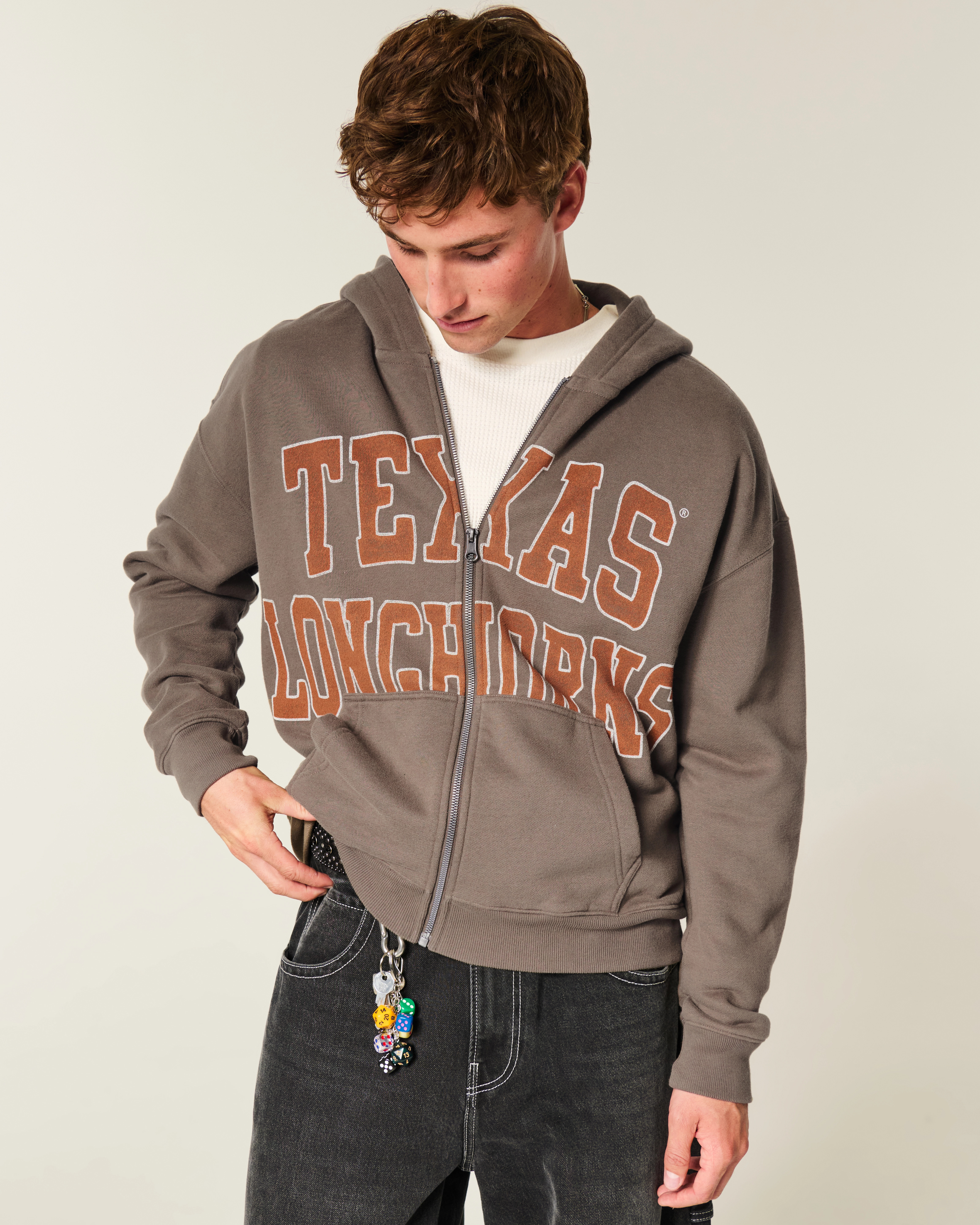 Boxy Zip-Up University of Texas at Austin Longhorns Graphic Hoodie | Hollister (US)