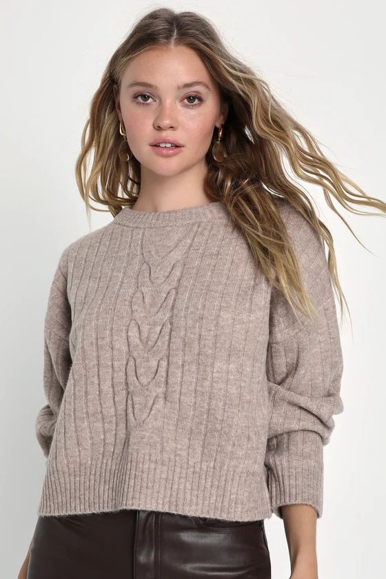 Toasty Stroll Heather Taupe Cable Knit Crew Neck Sweater | Lulus (US)