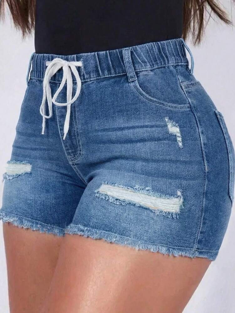 Women's Distressed Elastic Drawstring Frayed Hem Denim Shorts, Casual Wear For Summer | SHEIN