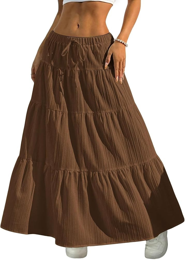DERAX Women's Boho Flowy White Maxi Skirt Flared Ruffle Elastic Waist Summer A Line 2026 Spring L... | Amazon (US)