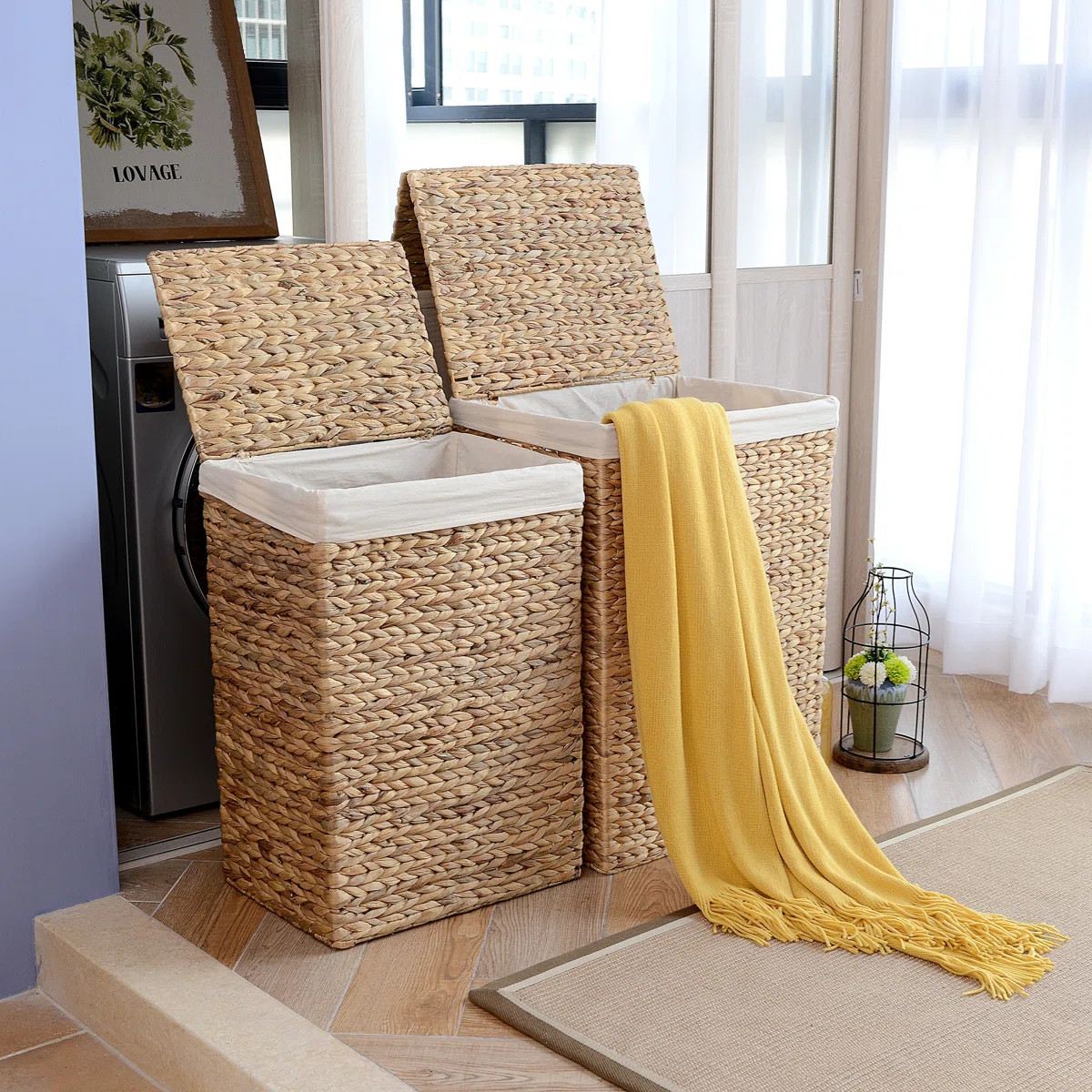 DTX Intl Handmade Wicker Laundry Hampers - Set of 2 Water Hyacinth Storage Baskets with Integrate... | Wayfair North America