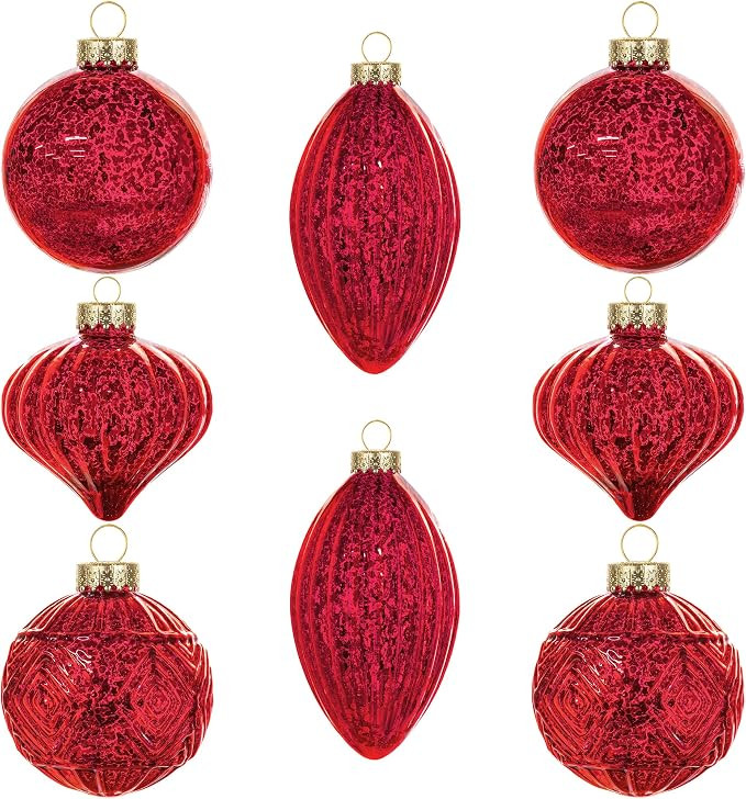 KI Store Mercury Glass Christmas Ornaments Set of 8 Red Christmas Balls Finials for Christmas Tre... | Amazon (US)