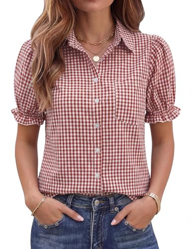 LOMON Linen Shirts for Women Puff Sleeve Button Down Blouse | Amazon (US)