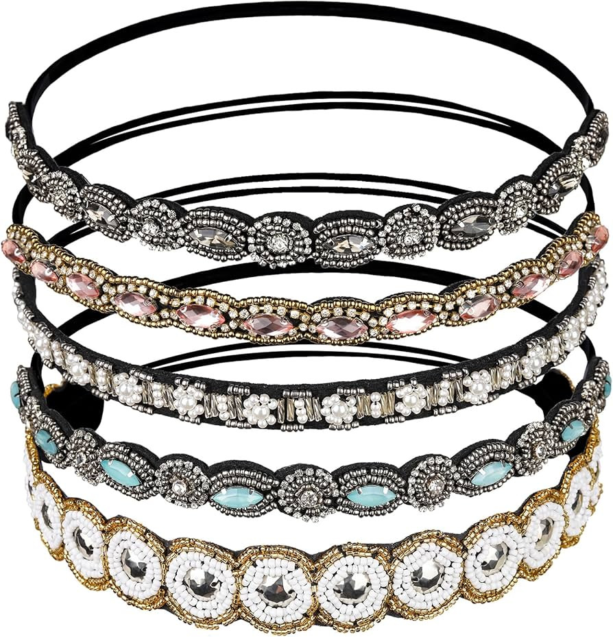 Teenitor Rhinestone Beaded Elastic Headband, Fashionable Handmade Crystal Beaded Elastic hairband... | Amazon (US)