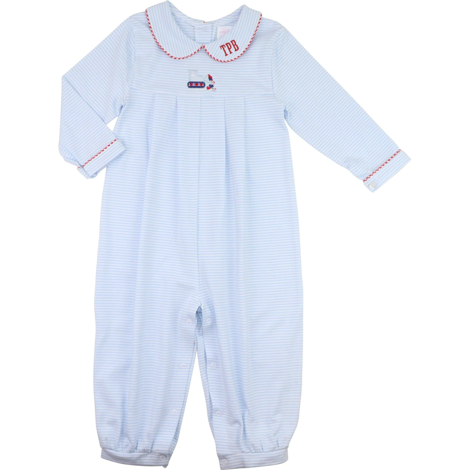 Blue Knit Valentine Excavator Long Romper | Cecil and Lou