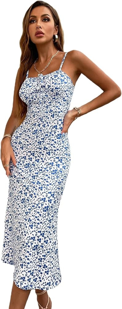 Floerns Women's Floral Print Drawstring Front Sleeveless Cami Midi Dress | Amazon (US)