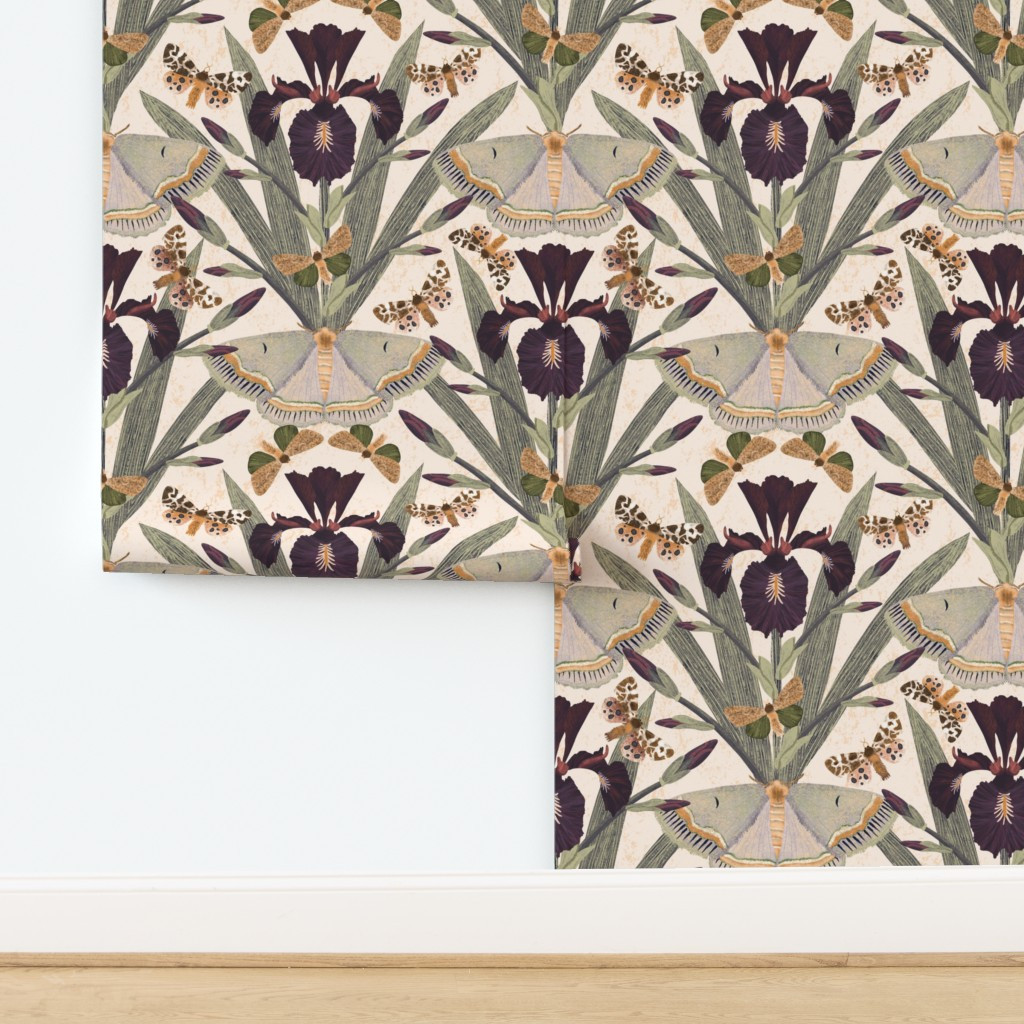 Wallpaper in Dreamy Dutch Iris & Moths dark purple old gold mint off white background XL | Spoonflower