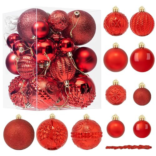 YESPERS 41PCS Red Christmas Ornaments Set - Shatterproof Christmas Tree Ornaments with Icicle for Holiday Party - Vintage Xmas Decorations in 4 Sizes | Amazon (US)