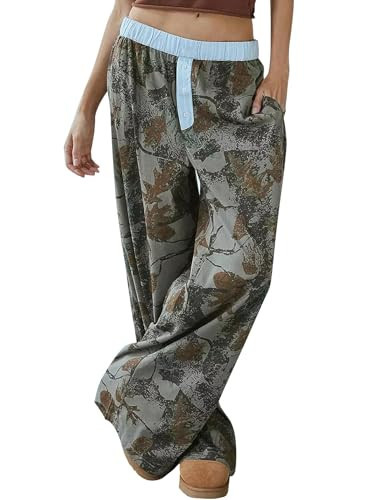YKR Women's Camo Pants Y2K Camouflage Wide Leg Sweatpants Elastic Waist Drawstring Baggy Joggers with Pockets Grey Green XS | Amazon (US)