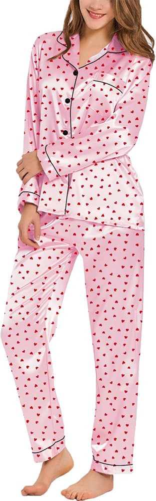 SWOMOG Womens Silk Satin Pajamas Set Long Sleeve Button Down Sleepwear 2 Piece Lounge Set Pj Set ... | Amazon (US)