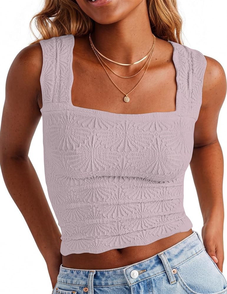 Crop Tank Tops for Women Square Neck Cropped Cami Top Summer Flower Wide Strap Tank Tops Basic Sl... | Amazon (US)