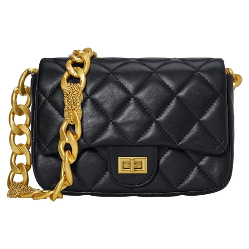KOOIJNKO Quilted Bags for Women Soft Leather Shoulder Handbag Purse with Thick Gold Chain Strap Flap Purse Clutch, Black | Amazon (US)