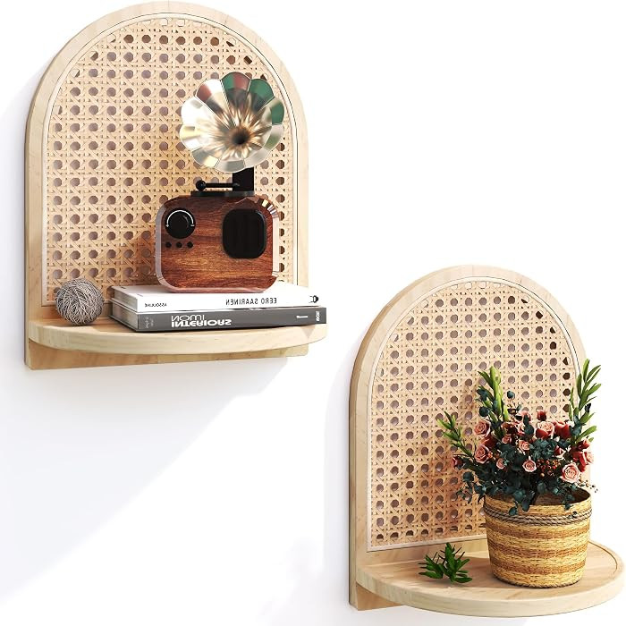 Rattan Shelf Set of 2, 7''Natural Rattan Shelf with Wicker Decor, Boho Wall Decor Small Floating ... | Amazon (US)