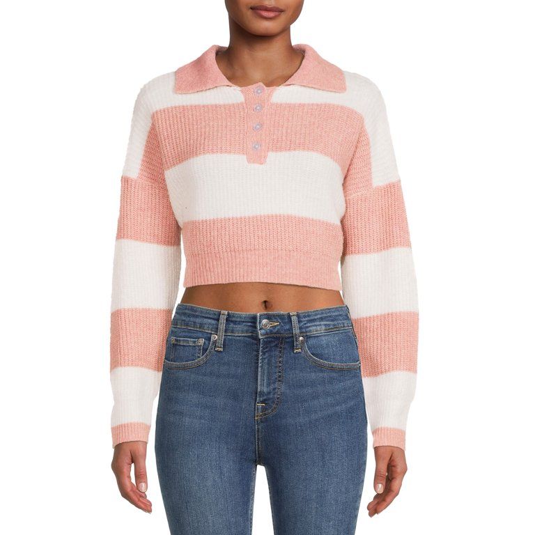 Dreamers by Debut Womens Striped Polo Cropped Long Sleeve Pullover Sweater | Walmart (US)