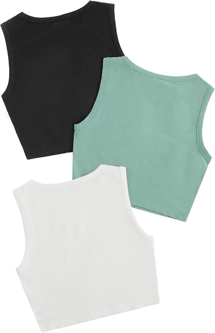 SheIn Women's 3 Piece Ribbed Knit Crop Tank Top Round Neck Sleeveless Racerback Cami Crop Tops | Amazon (US)