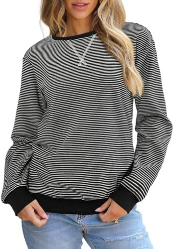 SHEWIN Womens Striped Sweatshirt Crewneck Casual Long Sleeve Pullover Tops Trendy 2025 | Amazon (US)