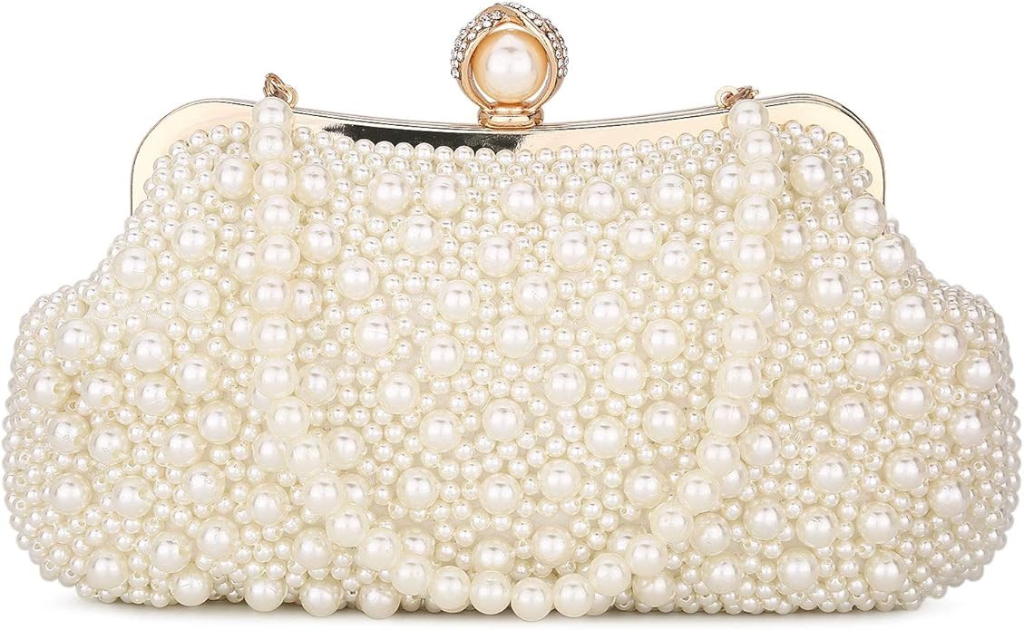 UBORSE Women Pearl Clutch Bag Noble Crystal Beaded Evening Bag Wedding Clutch with Pearl Chain | Amazon (US)