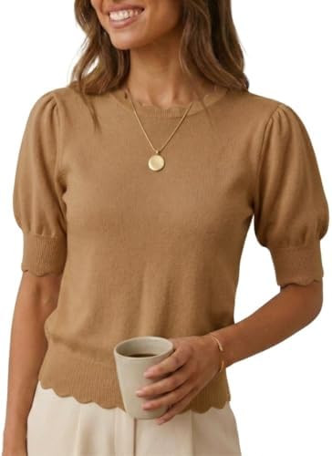 Short Sleeve Sweater for Women Pullover Knit Tops Scalloped Crewneck Puff Sleeve 2026 | Amazon (US)