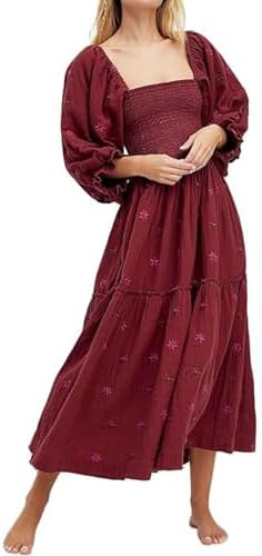 Women Floral Embroidered Maxi Dress Long Puff Sleeve Square Neck Bohemian Flowy Dress with Pocket... | Amazon (US)