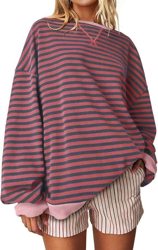 UEU Women Oversized Striped Crewneck Sweatshirt Long Sleeve Color Block Pullover Tops Casual Loos... | Amazon (US)