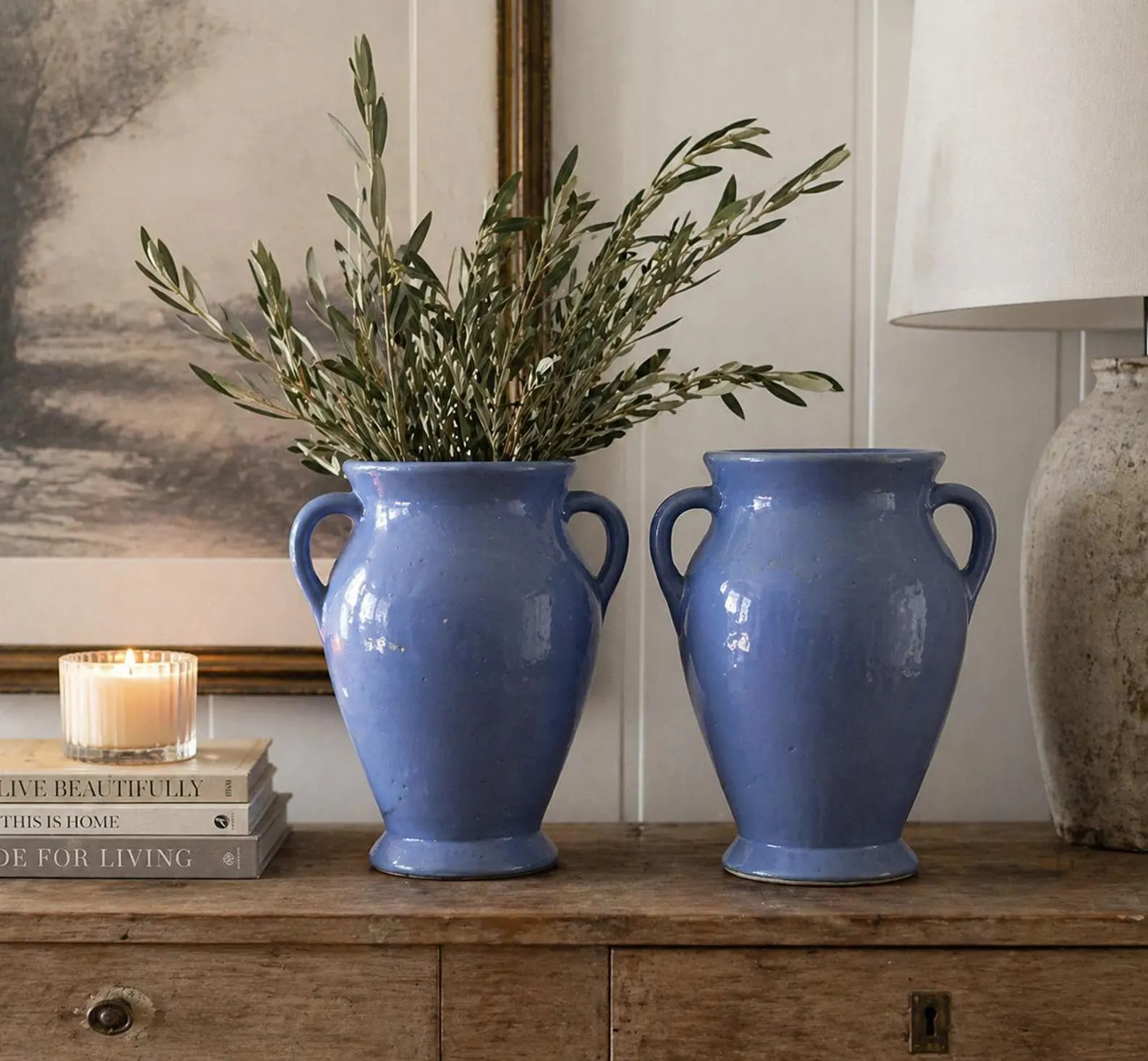Vintage Periwinkle Blue Ceramic Jugs | Rustic Farmhouse Pottery Vase Pair | Etsy (Global)