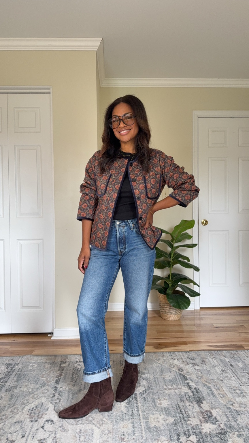 Sizing: Jacket M; top S; jeans 27 or 4; boots 9. 

 
