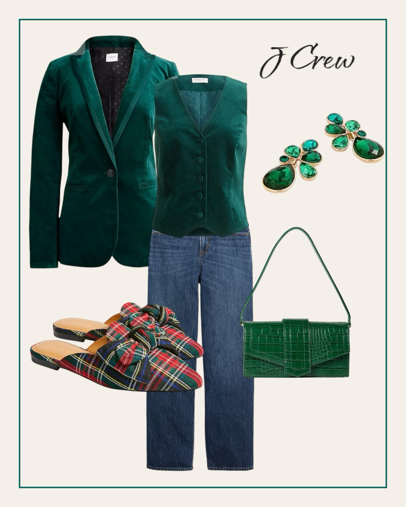 J Crew Factory outfit. Plaid mules,green velvet blazer. 
#holidayoutfit
#jcrew

#LTKstyletip #LTKSeasonal