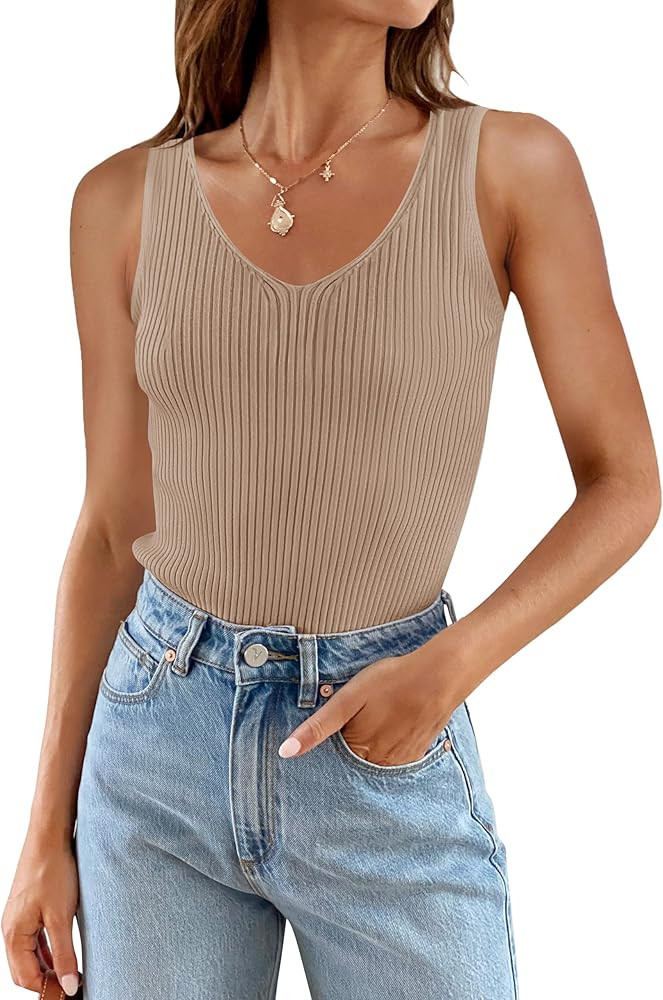 ZESICA Womens 2024 Ribbed Tank Tops Summer Sleeveless V Neck Shirts Casual Sexy Slim Fitted Basic... | Amazon (US)