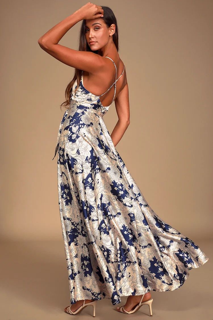 Tea Gardens Navy Blue Floral Print Satin Maxi Dress | Lulus (US)