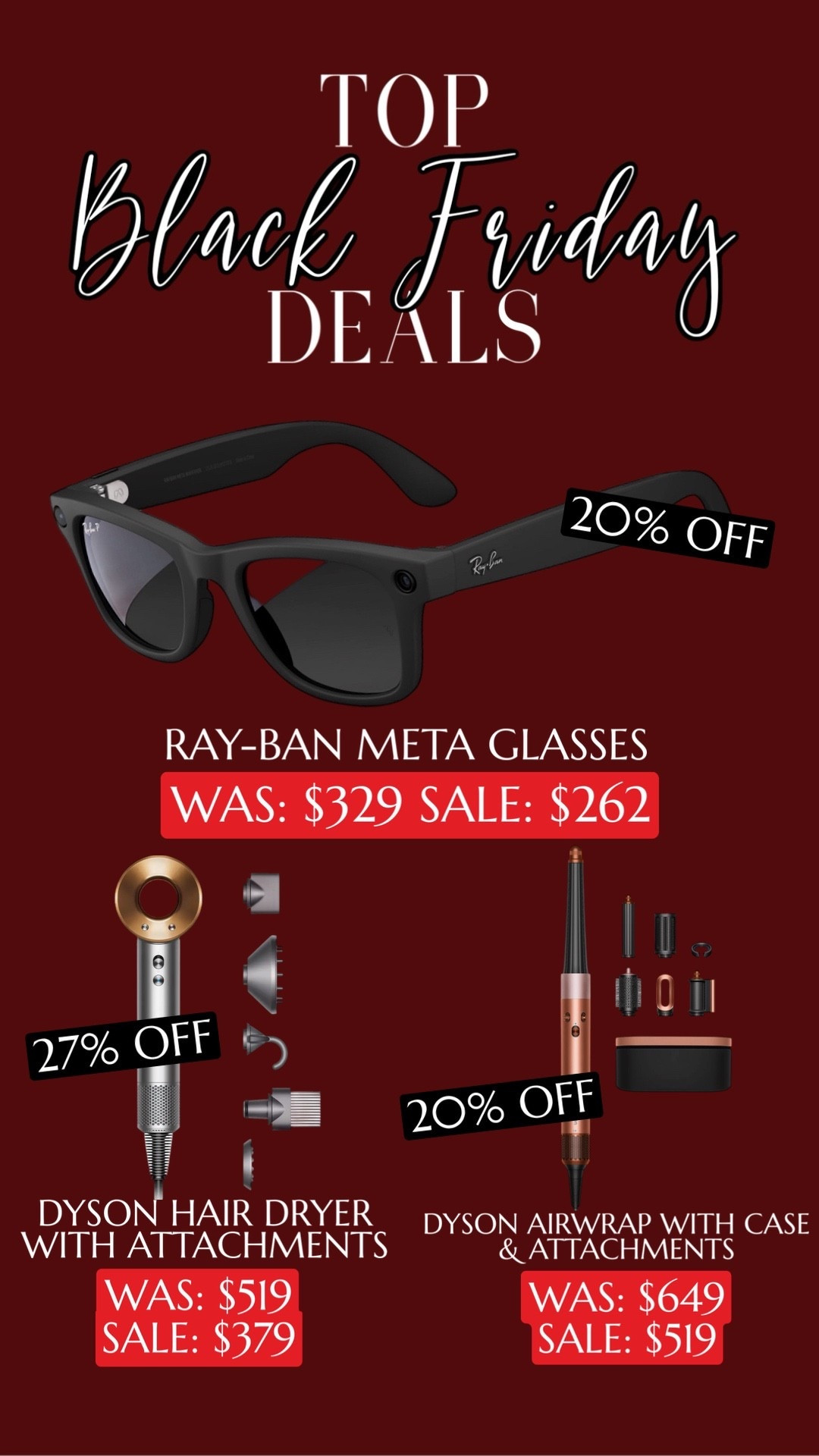 Splurge worthy items on MAJOR SALE!!! 

Dyson hair dryer, Dyson air wrap, Ray-ban meta glasses 

#LTKSaleAlert #LTKGiftGuide #LTKCyberWeek