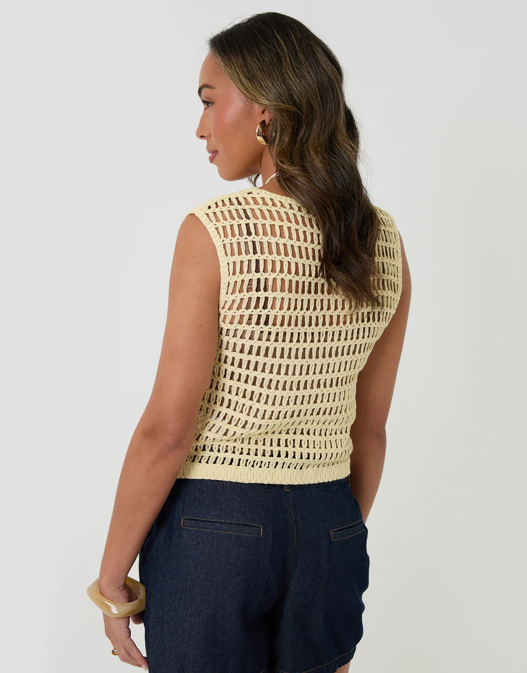 Crochet Button Up Vest in Lemon Yellow | Threadbare UK