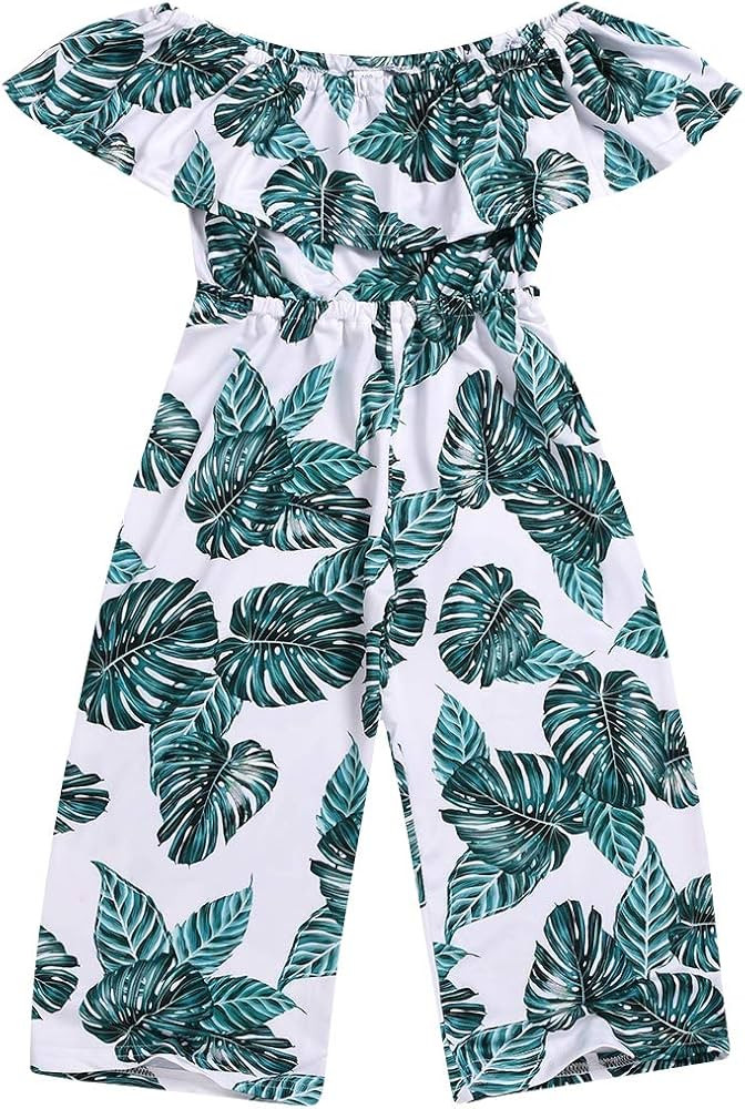 BOEBNOZCV Toddler Kids Girls Palm Leaf Wide Leg Jumpsuit Ruffle Off-Shoulder Romper Overalls Hawa... | Amazon (US)
