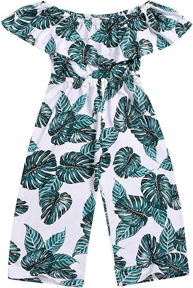 BOEBNOZCV Toddler Kids Girls Palm Leaf Wide Leg Jumpsuit Ruffle Off-Shoulder Romper Overalls Hawa... | Amazon (US)