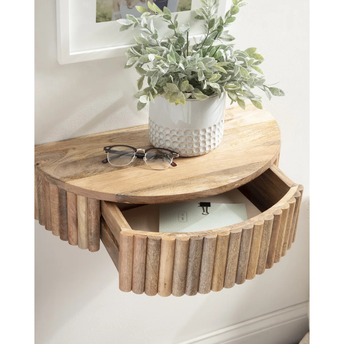 Kristie Half-circle Mango Floating Shelf with Drawer | Wayfair North America