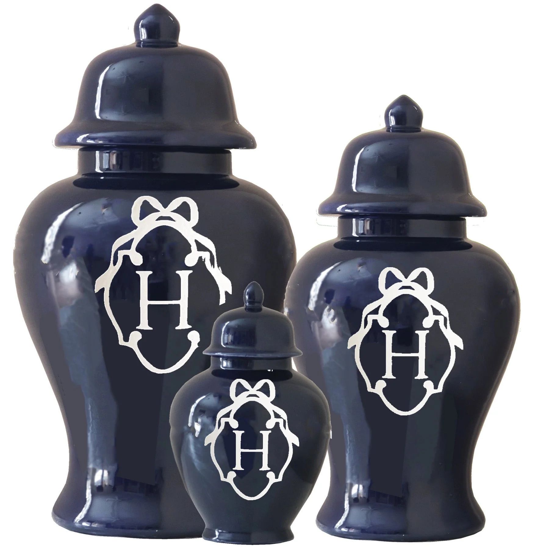 Bow Monogram Ginger Jars in Navy Blue | Ruby Clay Company