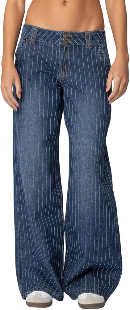 loveimgs Women Mid Rise Wide Leg Jeans Y2k Baggy Striped Jeans Boyfriend Flared Denim Pants Pocke... | Amazon (US)